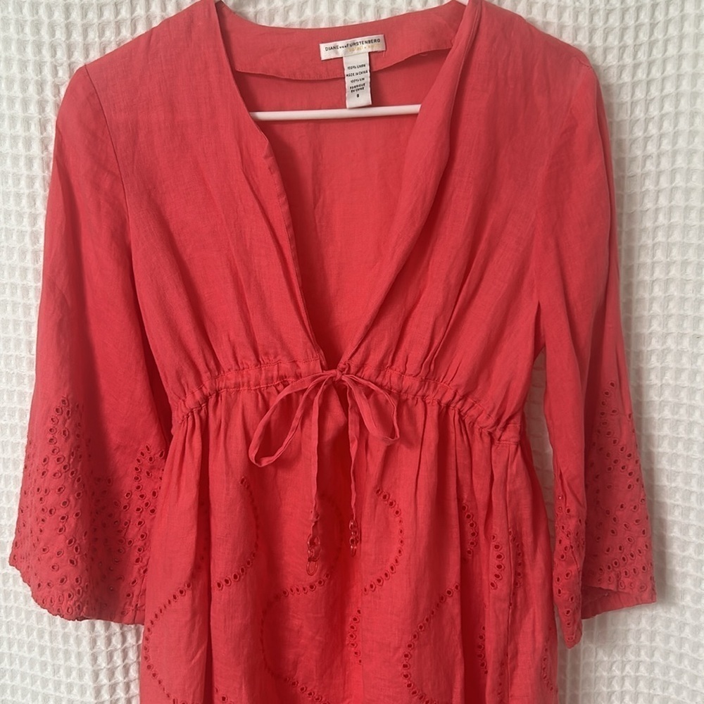 Diane von Furstenburg Soleil Swim Beach Eyelet Cover Up Coral Pink Linen Small
